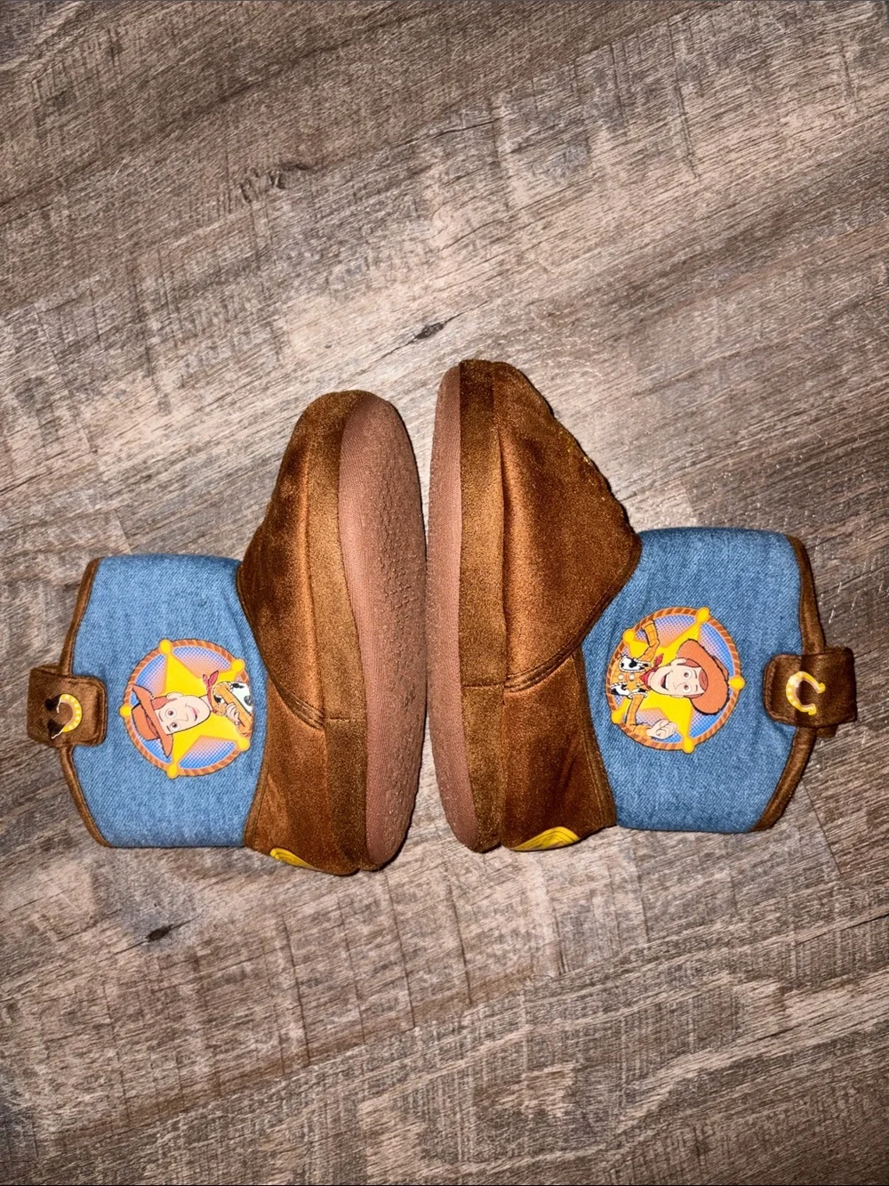 Toy Story Sheriff Woody Cowboy Western Boot Slippers Denim Brown size 9-10